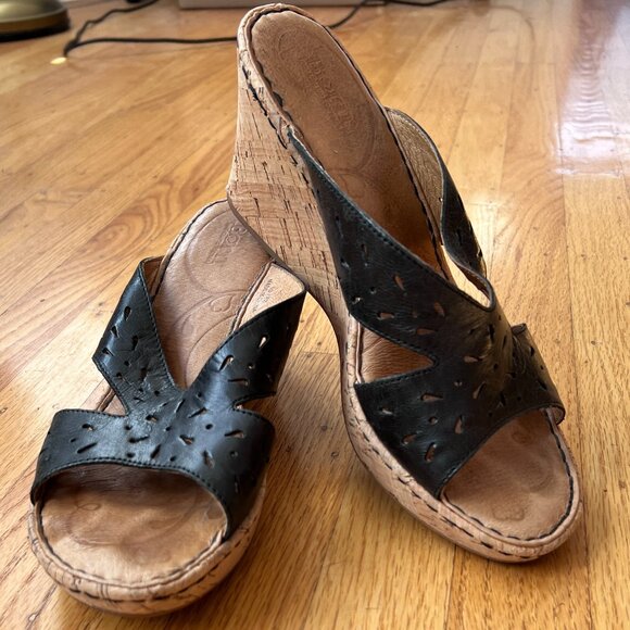 Børn Womens Slides Black Leather Wedges Boho Sz.10 - Picture 2 of 7